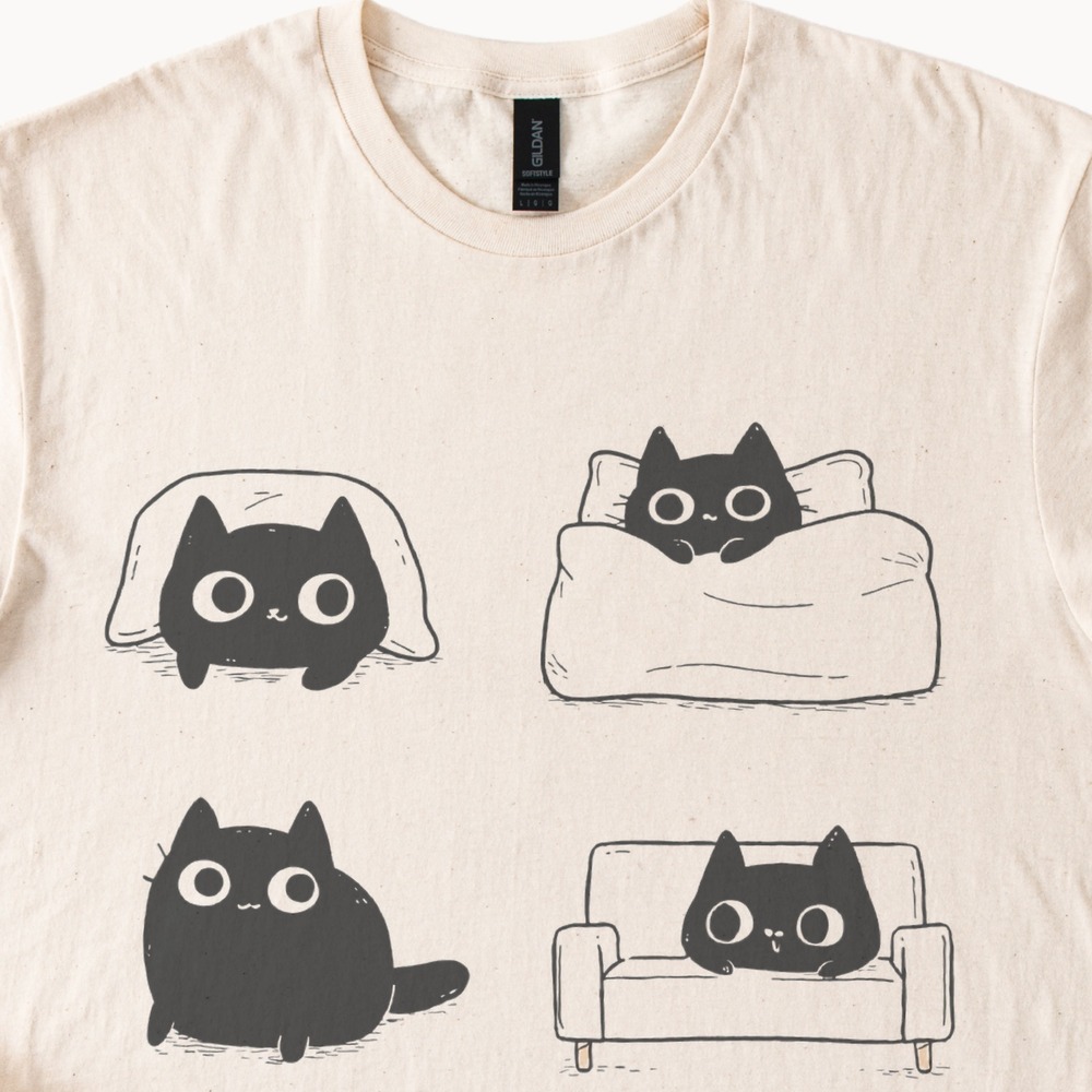 Six Cats Minimalist Graphic Tee Black and White Cartoon Line Art